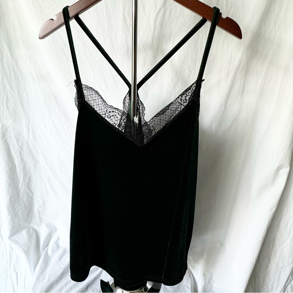 Dark green velvet tank top with lace trim
